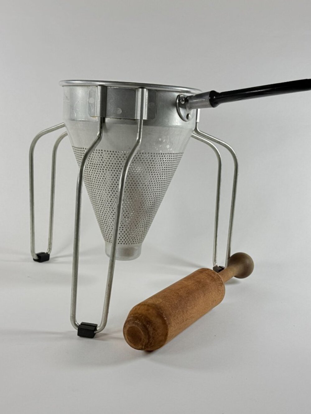 Vintage West Bend Aluminum Cone Strainer Sieve W/ Wooden Pestle & Stand